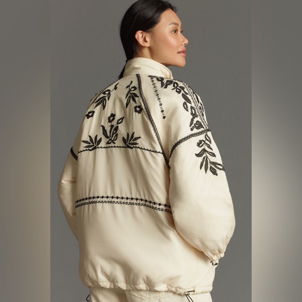 Anthropologie Embroidered Puffer Coat in Ivory 1X - Picture 3 of 16
